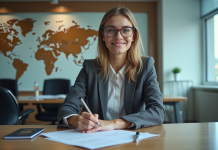 Enregistrer à l’étranger : lieux et étapes essentiels pour les formalités Jeune femme en consulat remplissant des documents officiels