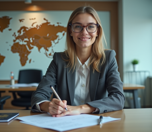 Enregistrer à l’étranger : lieux et étapes essentiels pour les formalités Jeune femme en consulat remplissant des documents officiels