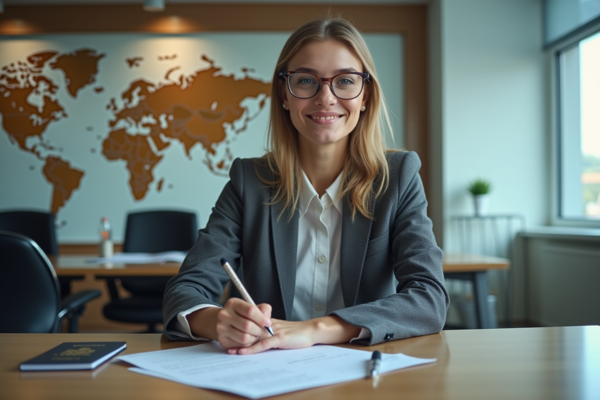 Jeune femme en consulat remplissant des documents officiels