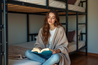 Jeune femme lisant dans une chambre d'auberge conviviale