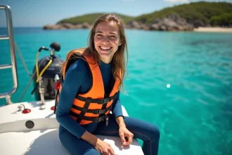 Jeune femme souriante en combinaison de plongée au bord de l'eau