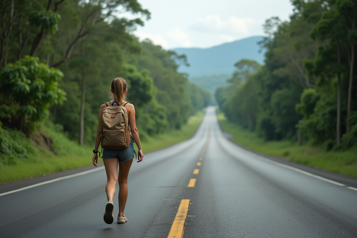 Jeune femme marchant sur une route en jungle amazonienne