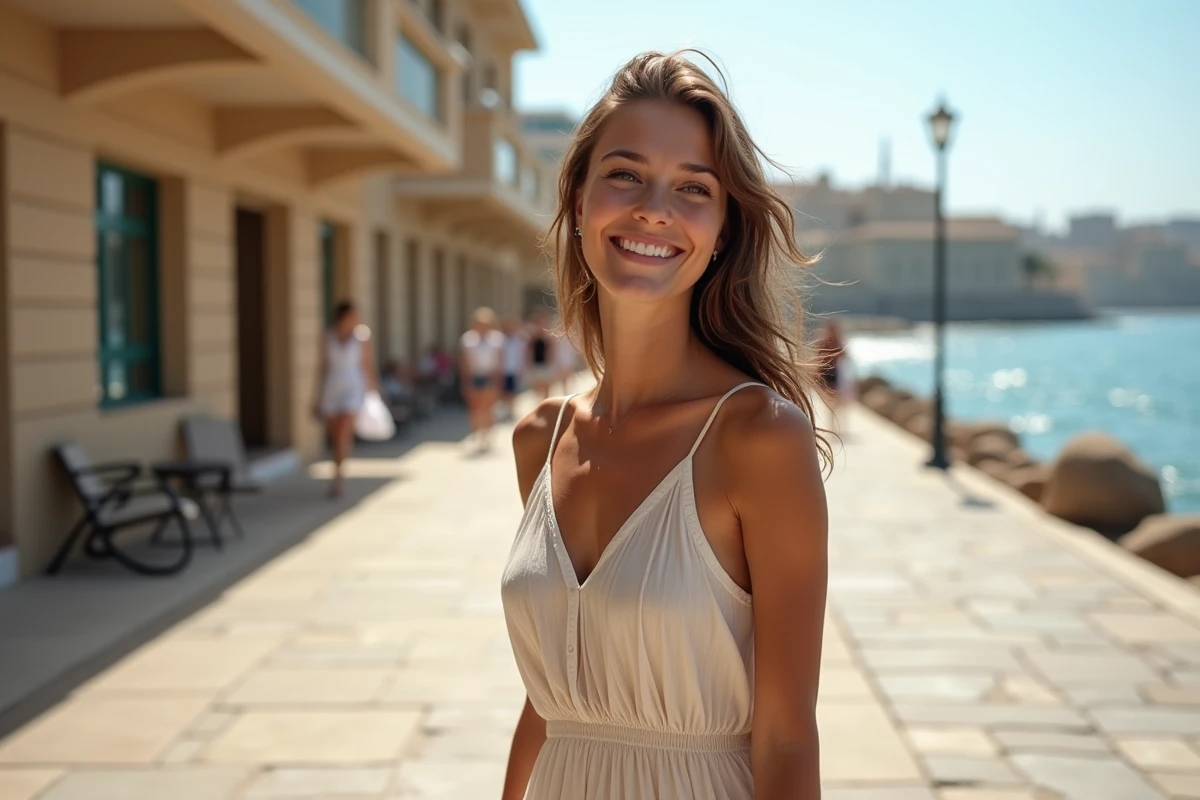 Jeune femme souriante en été promenade au bord de mer