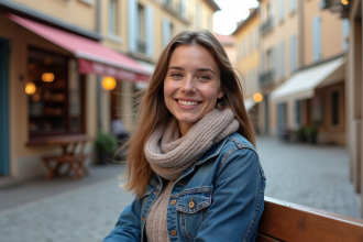 Jeune femme souriante en ville française tranquille
