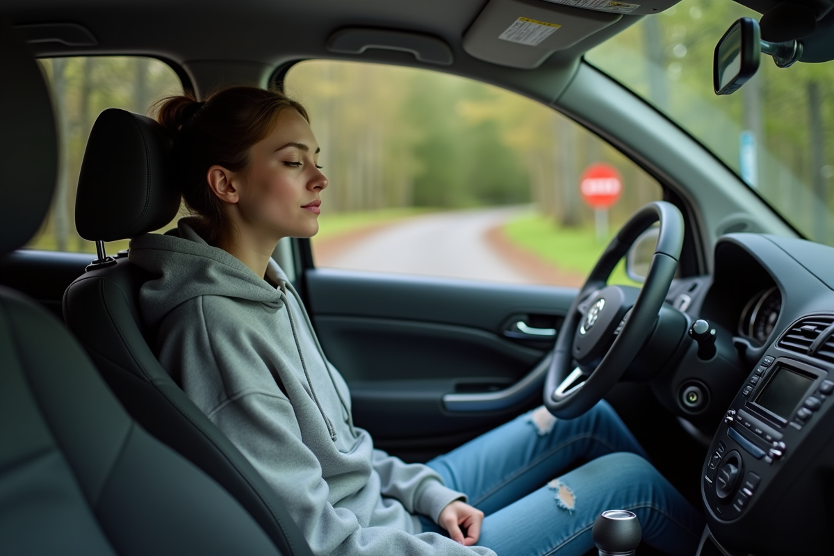 Jeune femme détendue dans une voiture en Belgique