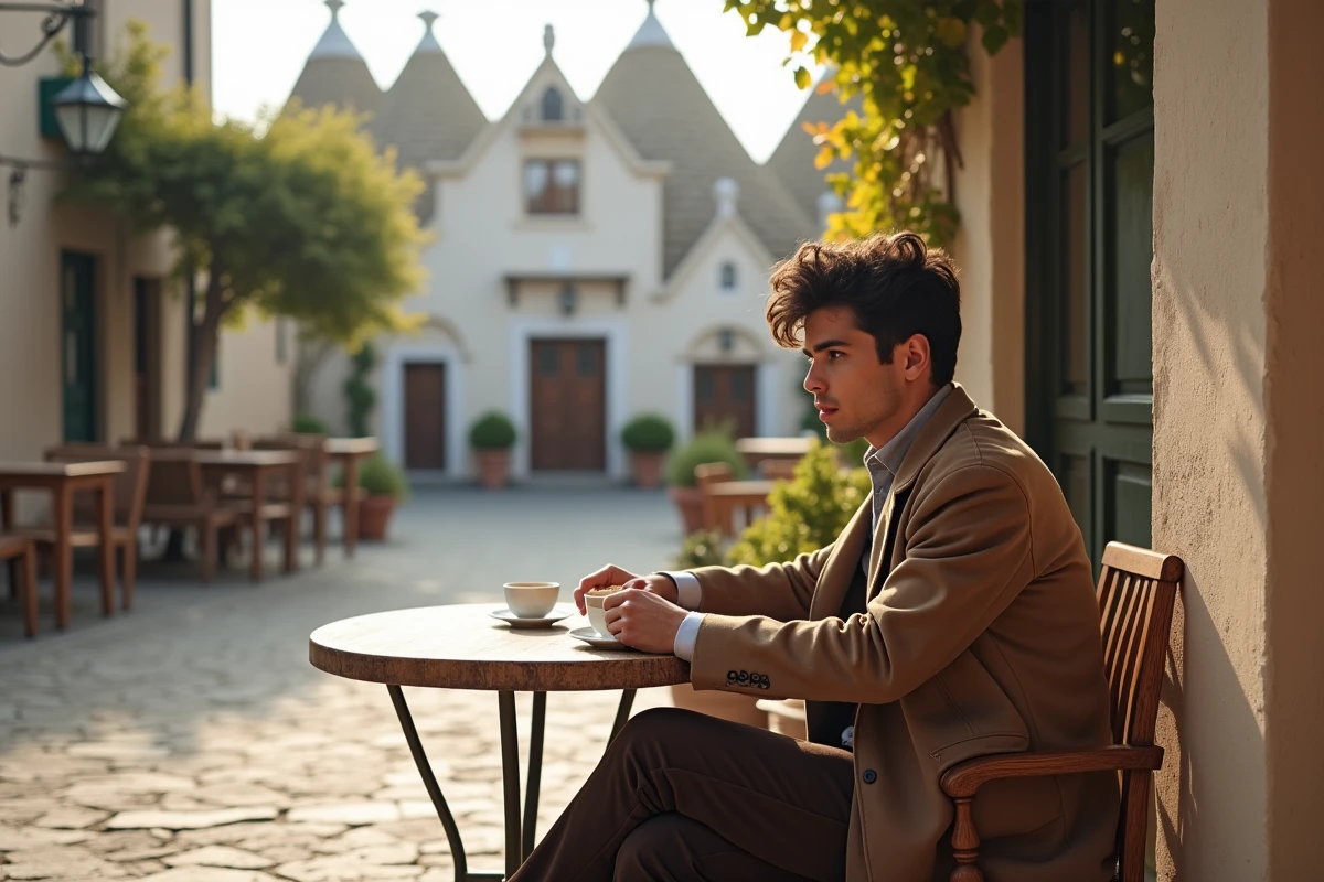 Jeune homme au café dans Alberobello automne