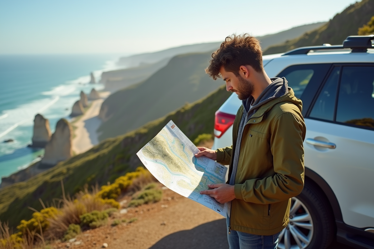 Jeune homme étudiant une carte sur la Great Ocean Road