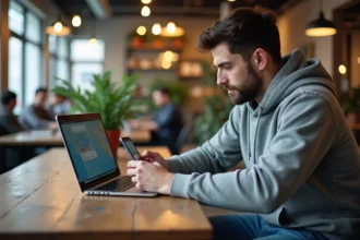 Jeune homme avec hoodie au coworking dynamique