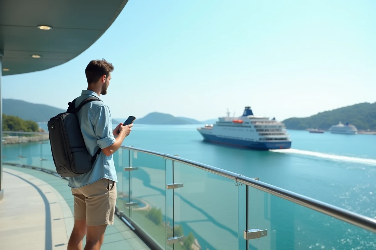 Jeune homme regardant les ferries au terminal de ferry