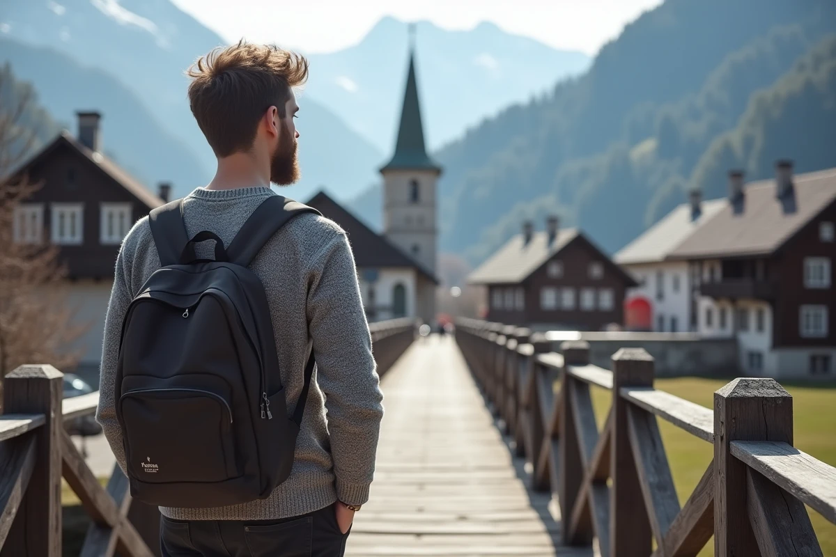 Jeune homme avec sac sur pont regardant Garmisch