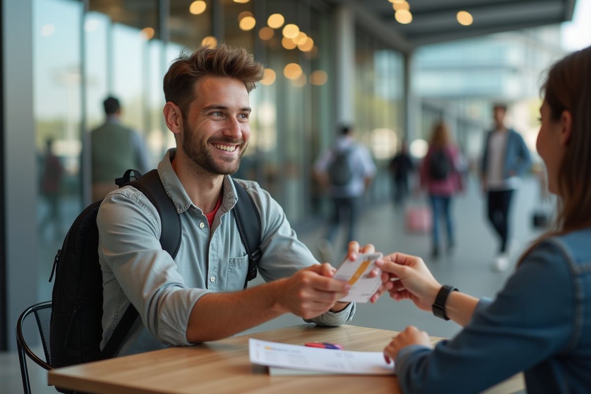 Jeune homme donnant son billet à une amie au café extérieur