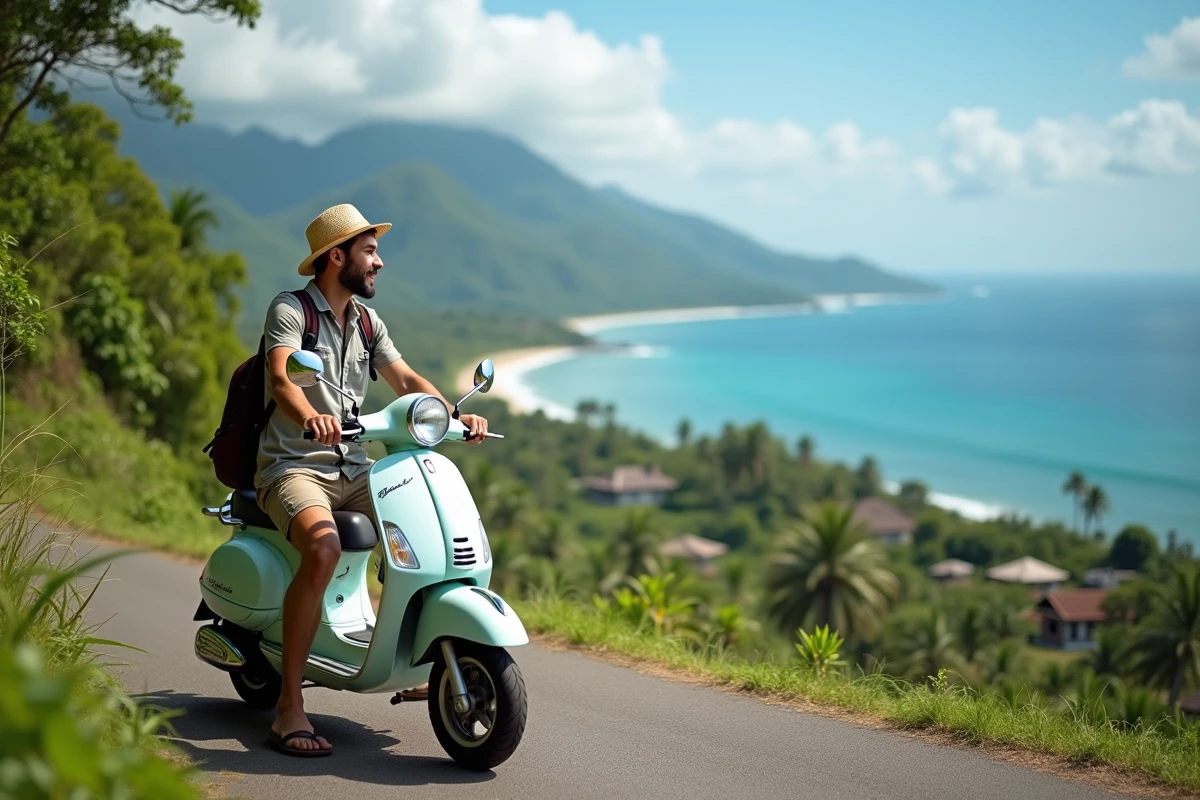 Jeune voyageur avec scooter sur la côte bali