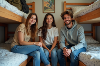 Jeunes voyageurs souriants dans une chambre d'auberge chaleureuse