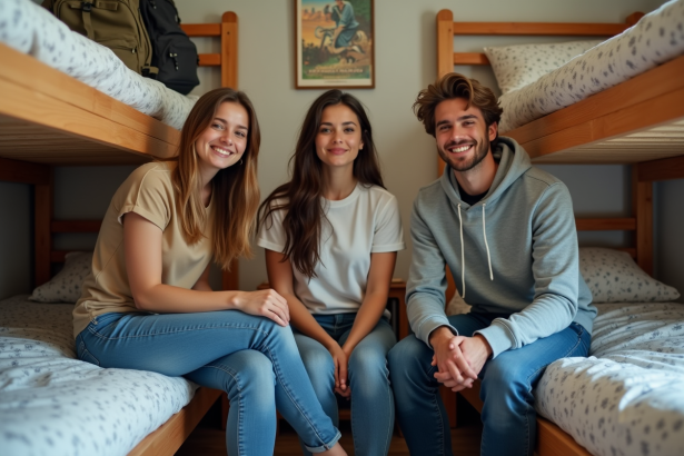 Jeunes voyageurs souriants dans une chambre d'auberge chaleureuse
