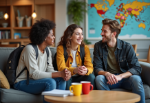 Jeunes adultes discutant dans une auberge de jeunesse