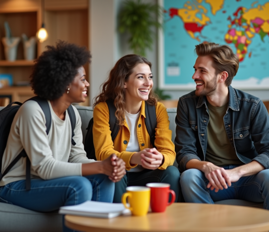 Jeunes adultes discutant dans une auberge de jeunesse