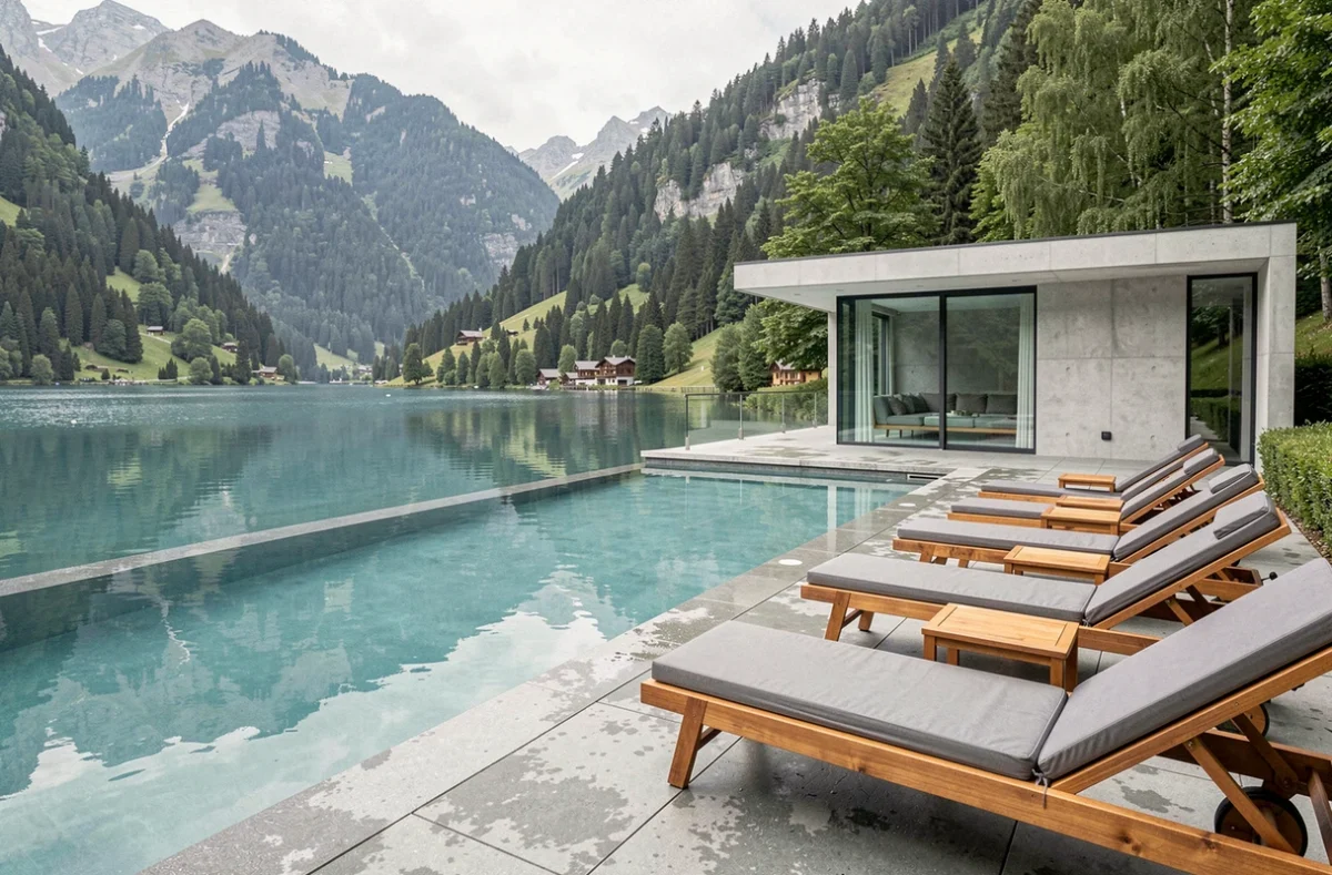 Terrasse avec piscine à débordement du Jiva Hill Resort près de Genève avec vue sur un lac alpin et forêt environnante