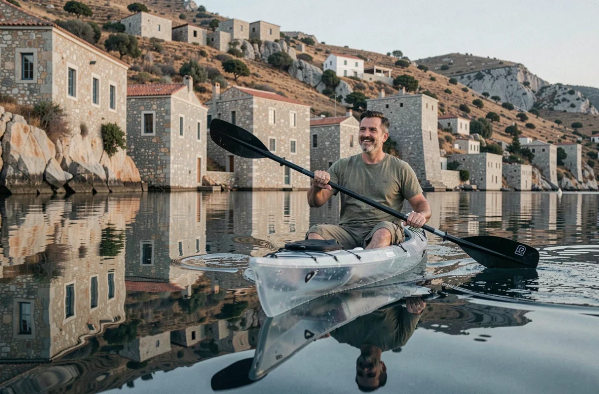 Homme en kayak transparent naviguant dans la baie de Limeni avec le reflet des maisons en pierre du village Maniote