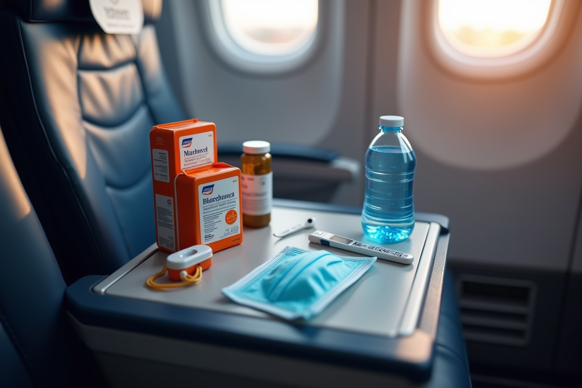 Kit de santé de voyage avec médicaments et masque sur siège avion