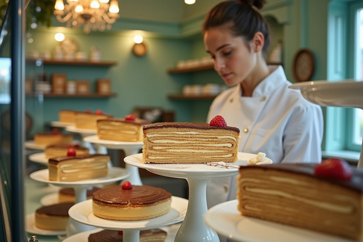 Vitrine d'une pâtisserie viennoise avec des parts de Sachertorte et gâteaux Esterhazy servis par une cheffe pâtissière en tablier blanc