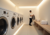 Salle de lavage moderne dans un capsule hotel avec machines propres