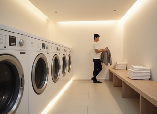 Laverie dans les hôtels capsules : où laver votre linge pendant votre séjour ? Salle de lavage moderne dans un capsule hotel avec machines propres