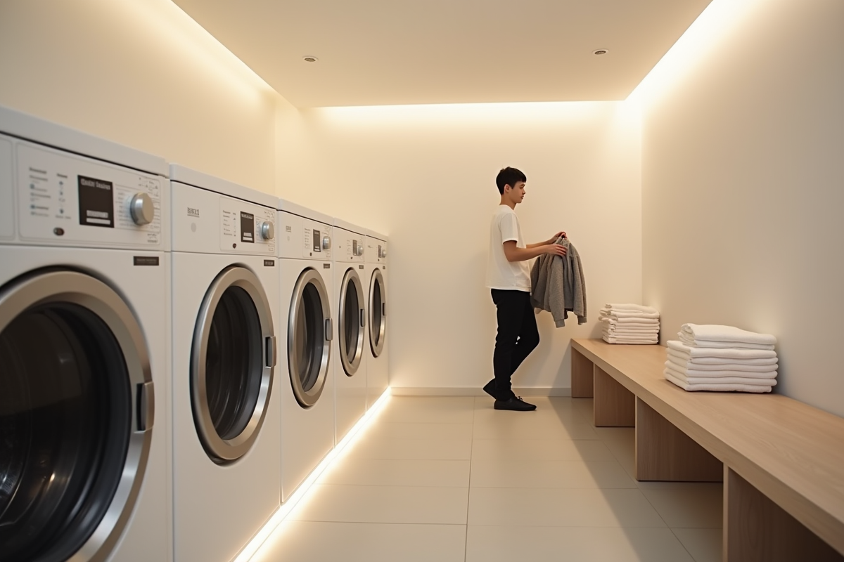 Salle de lavage moderne dans un capsule hotel avec machines propres