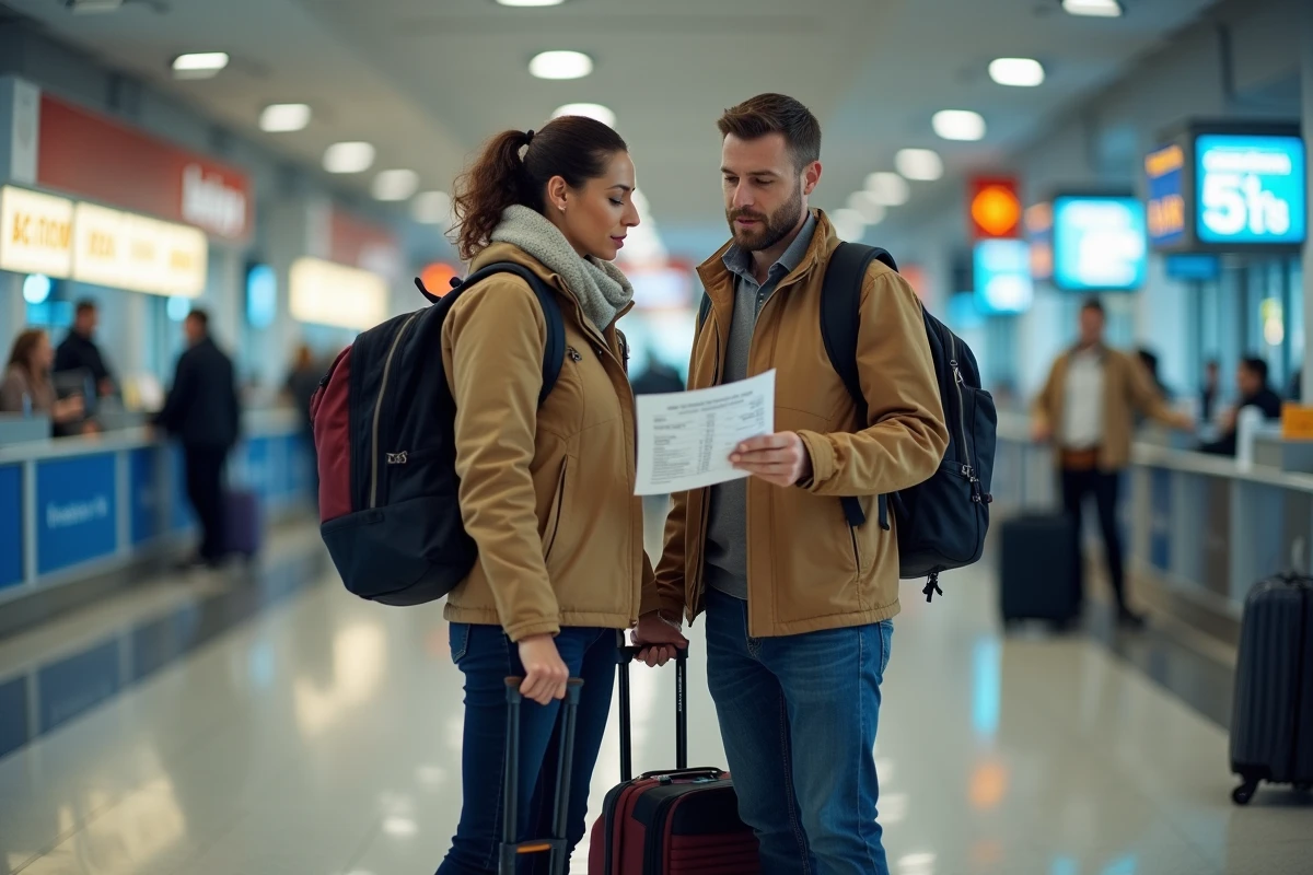 Couple examinant les frais cachés d'une location de voiture à l'aéroport Newark de New York