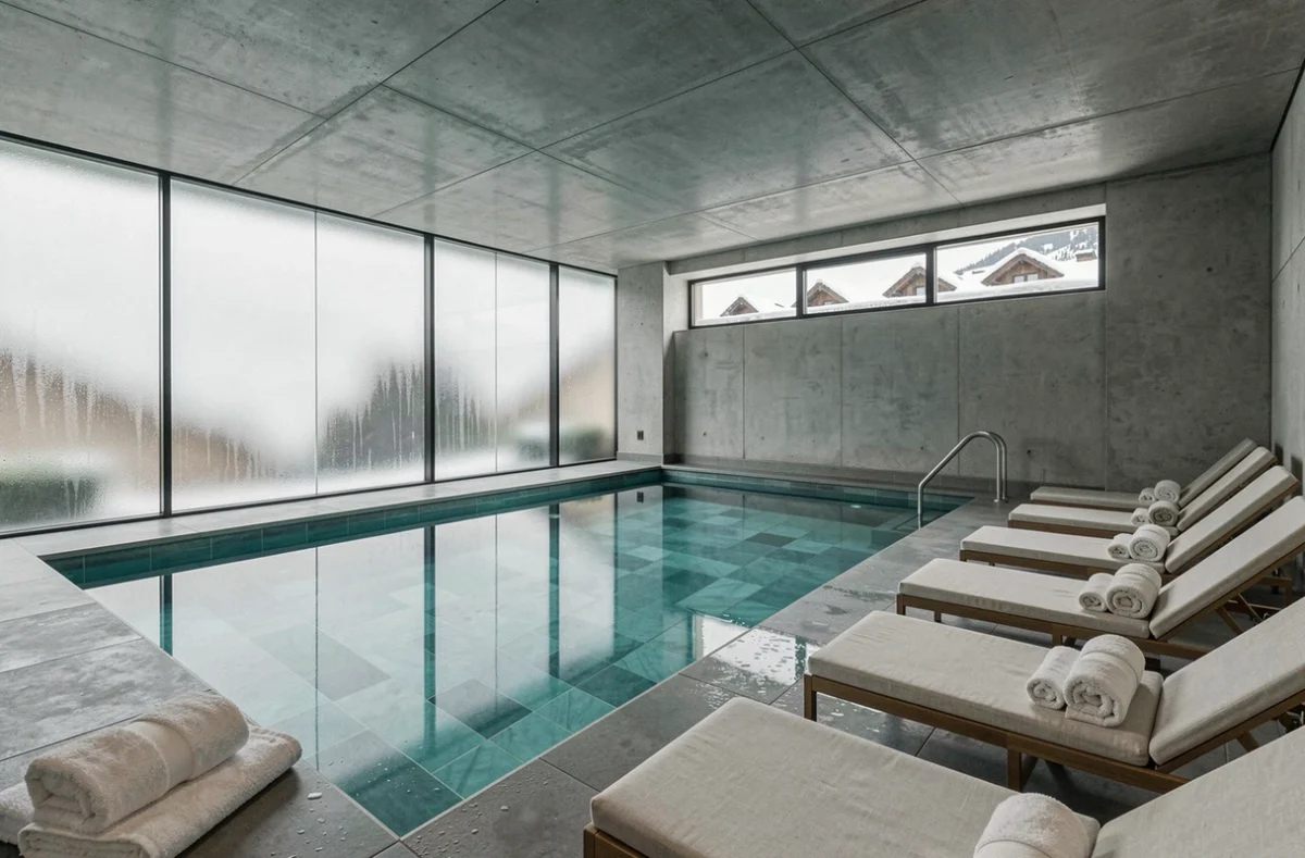 Piscine intérieure moderne du spa du M de Megève avec carreaux turquoise et design contemporain épuré