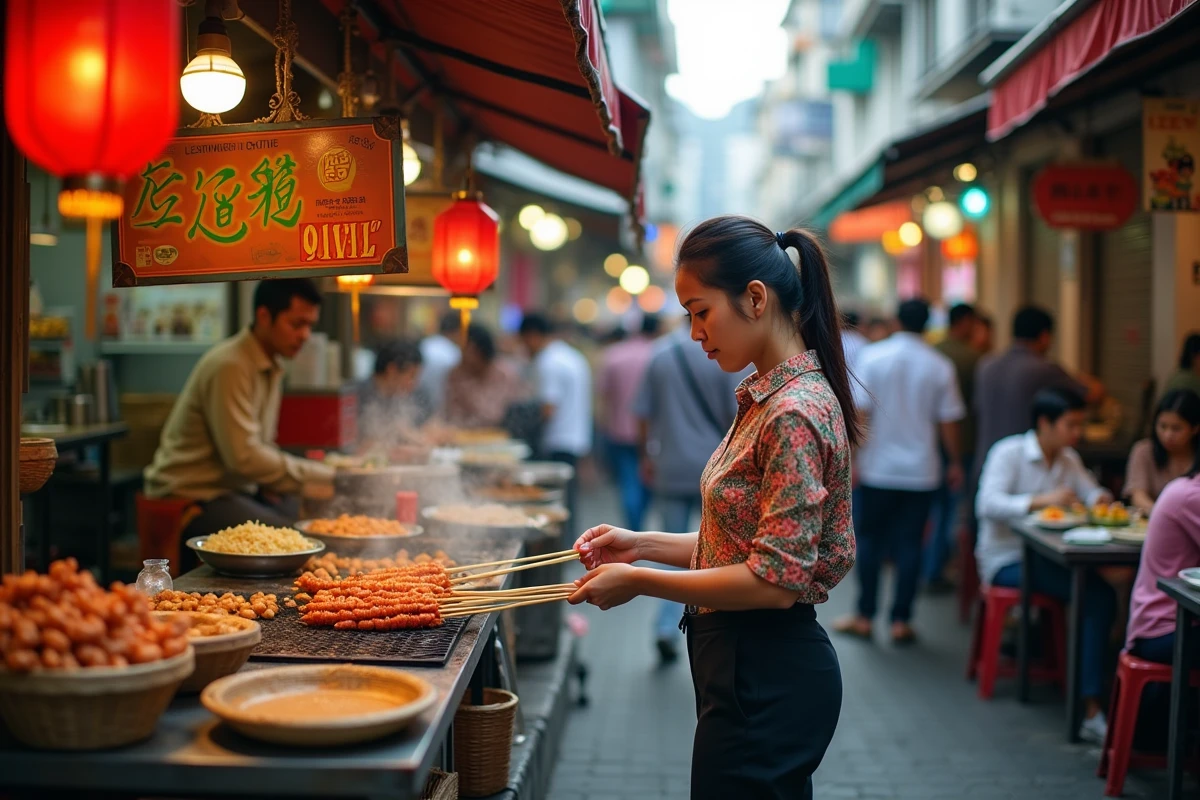Marchande de satay dans la rue animée de Jalan Alor à Kuala Lumpur, lanternes rouges et étals colorés en arrière-plan