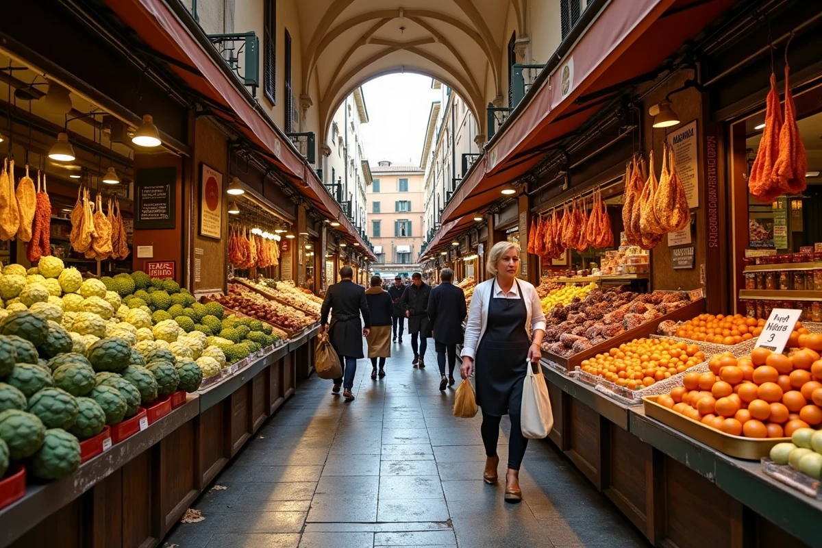Marché couvert animé de Testaccio à Rome avec des étals de fruits, légumes et charcuterie italienne