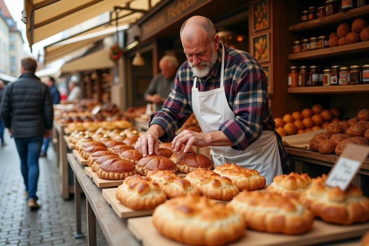 Vendeur installant des pâtisseries autrichiennes dont le Apfelstrudel et des Kipferl sur un étal de marché viennois en automne