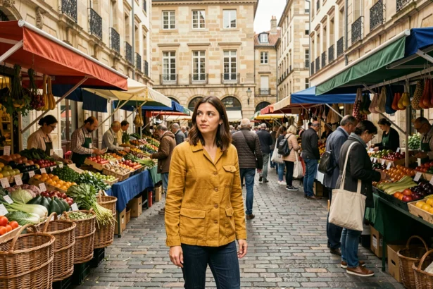 Femme explorant le marché du Vieux-Lyon un week-end, entourée d'étals colorés et de façades Renaissance