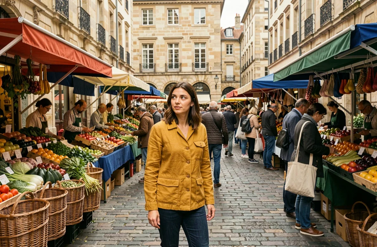Femme explorant le marché du Vieux-Lyon un week-end, entourée d'étals colorés et de façades Renaissance