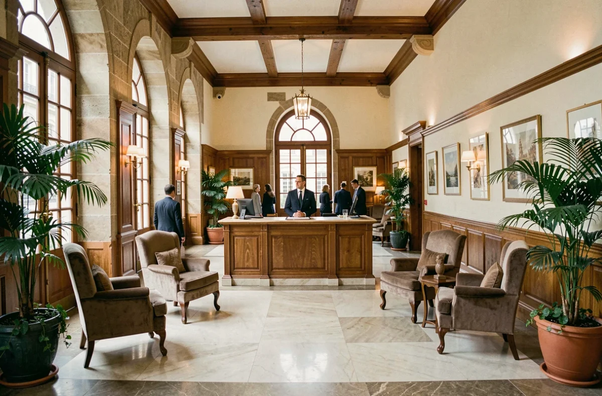 Vue grand angle d'un luxueux hall d'hôtel du Nord de la France avec architecture classique et mobilier élégant
