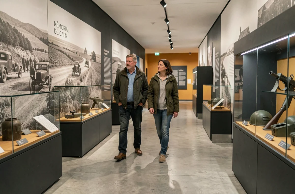 Visiteurs explorant les expositions historiques sur le débarquement au Mémorial de Caen en Normandie