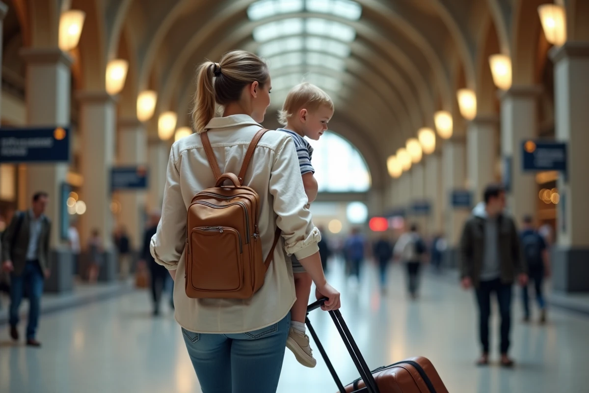 Mère voyageant avec son enfant en bas âge dans une gare européenne avec valise légère