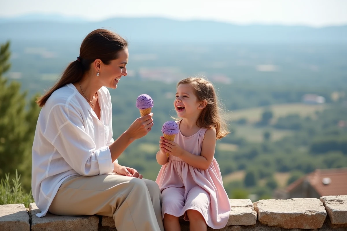 Mère et fille dégustant une glace à la lavande avec vue sur la vallée du Luberon depuis Gordes