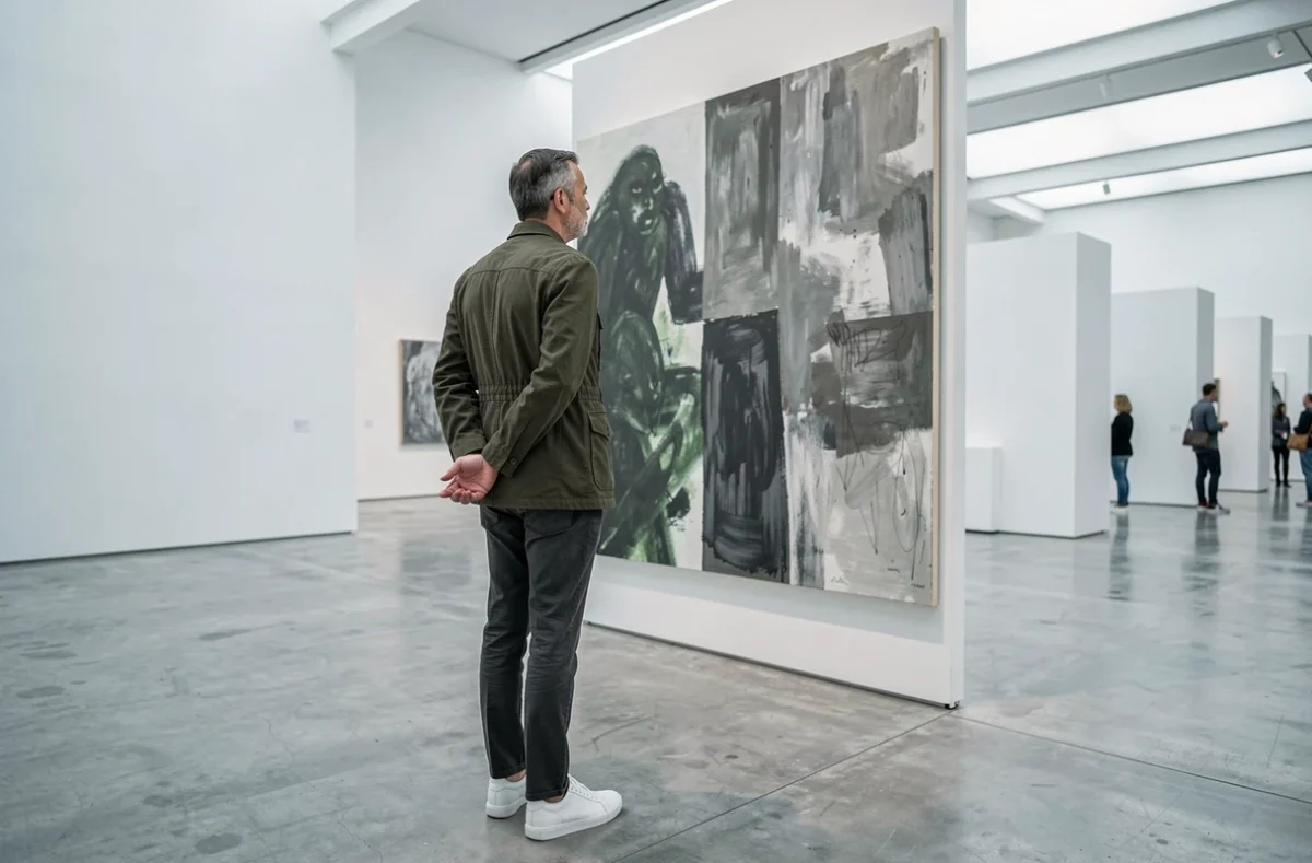 Visiteur contemplant une œuvre d'art contemporain au musée d'art contemporain de Lyon le week-end
