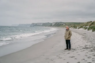 Un visiteur contemplatif debout sur la plage d'Omaha Beach en Normandie, paysage côtier historique du débarquement