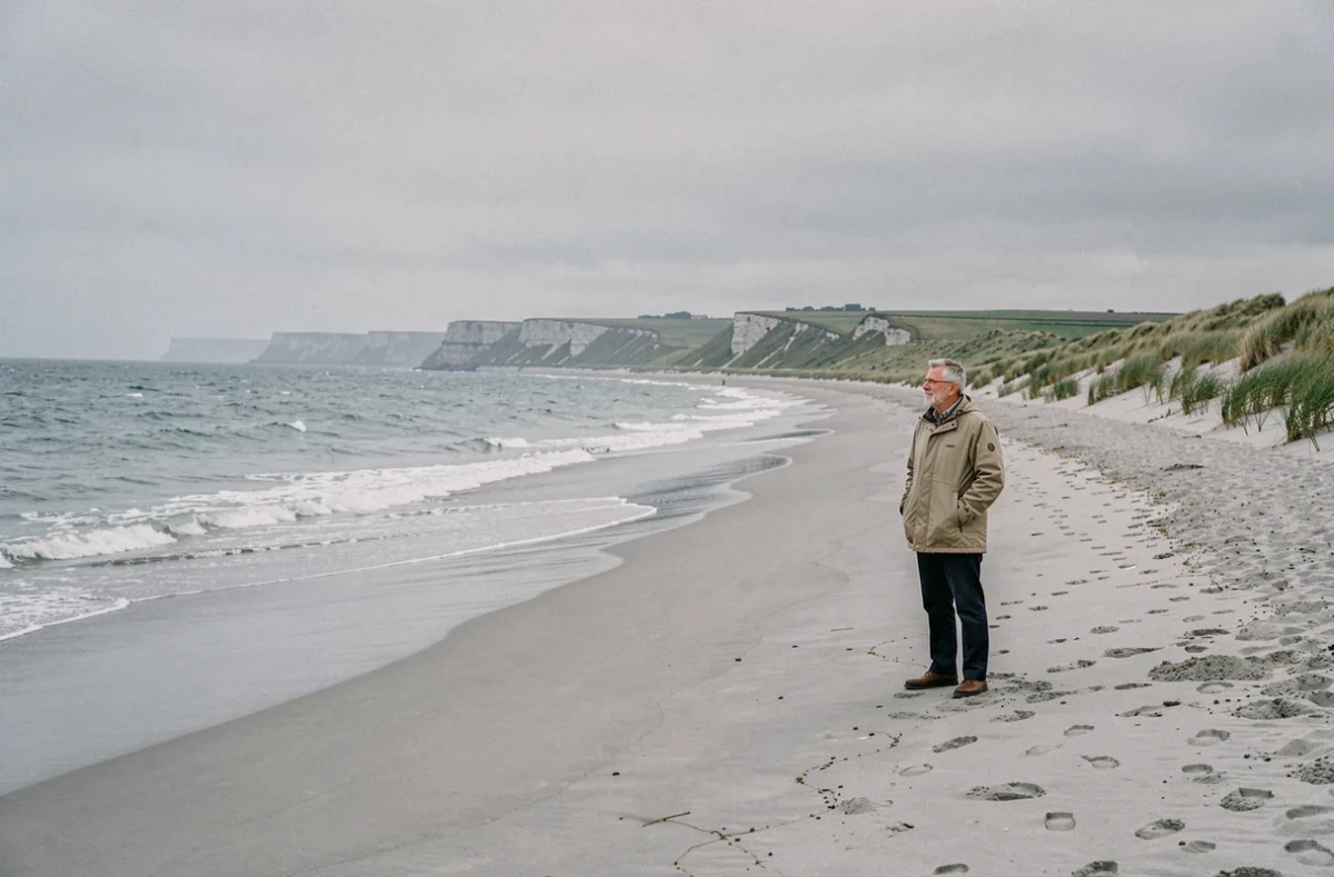 Un visiteur contemplatif debout sur la plage d'Omaha Beach en Normandie, paysage côtier historique du débarquement