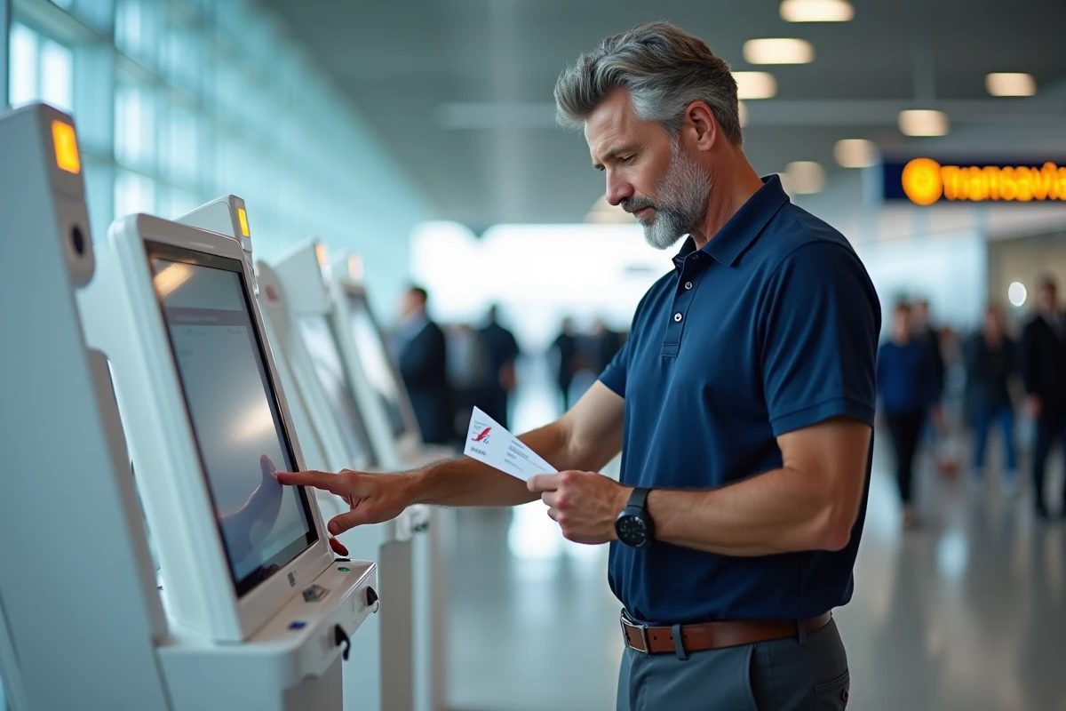 Passager utilisant une borne d'enregistrement automatique Transavia dans un hall d'aéroport