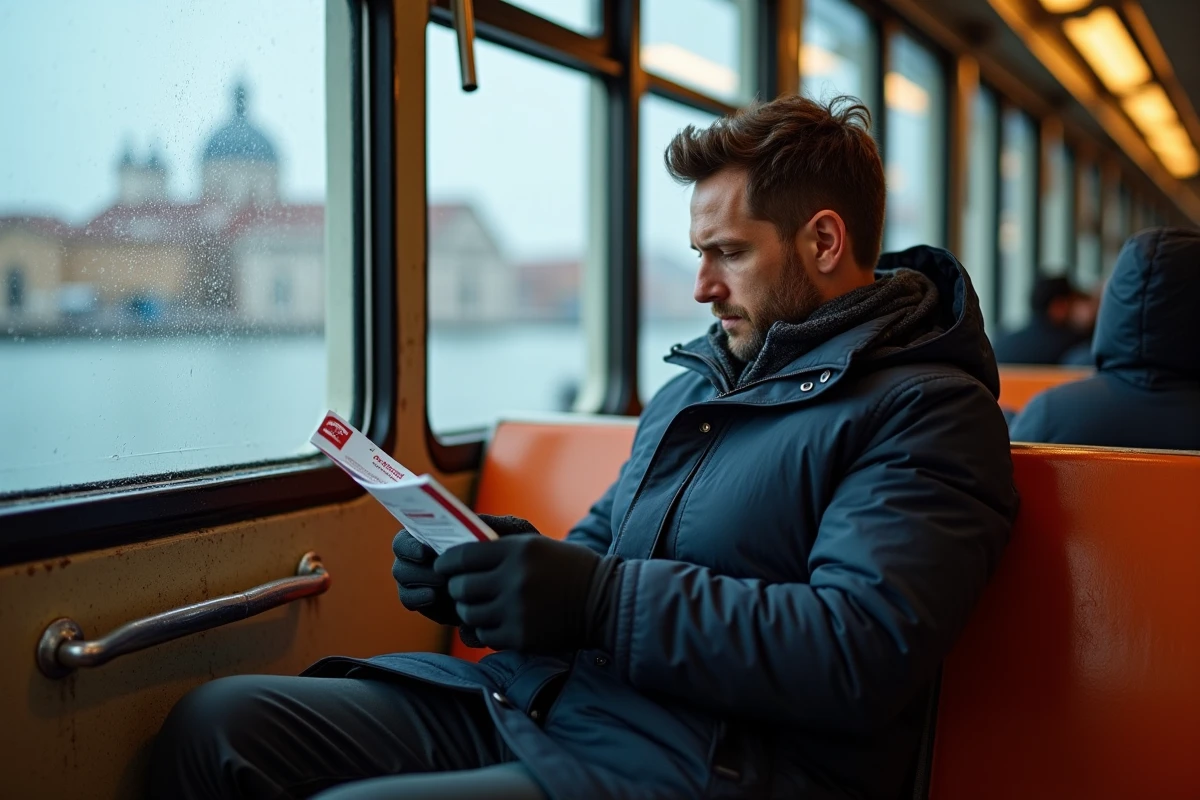 Passager lisant son pass de transport vaporetto à bord du ferry en hiver à Venise