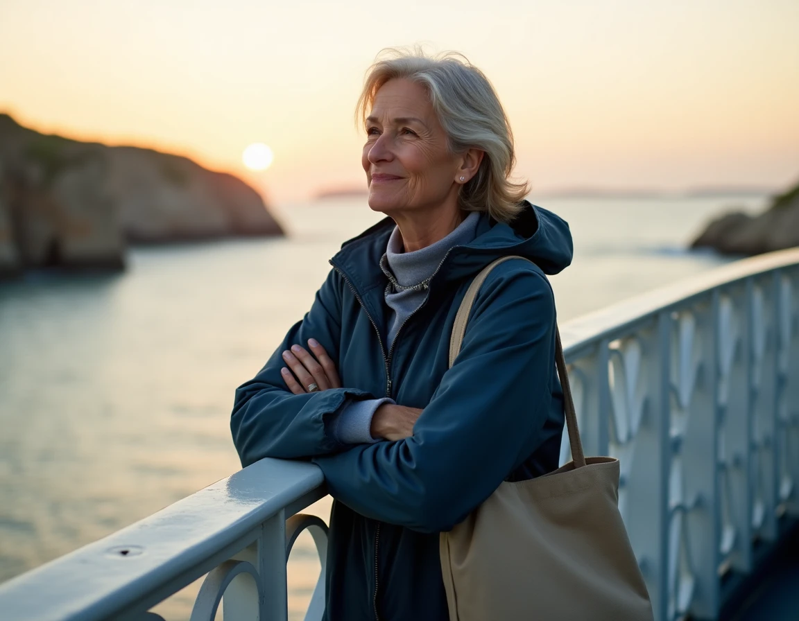Femme sur le pont supérieur du ferry Lorient-Groix en soirée, appuyée contre le bastingage avec vue sur la mer