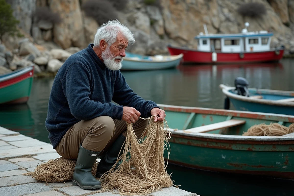 Pêcheur grec répare ses filets sur un quai isolé de Kythira hors saison, entouré de barques colorées dans un port authentique