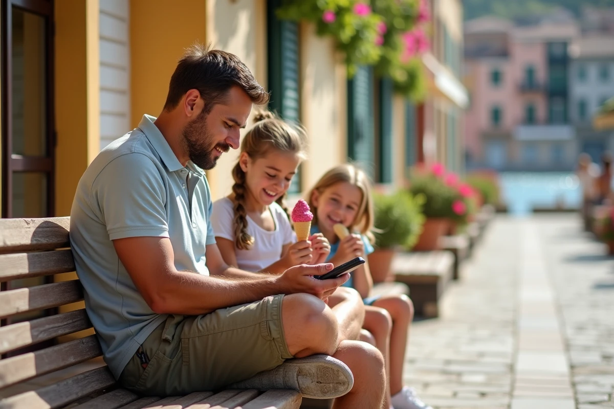 Père cherchant des hébergements pas chers sur son téléphone avec ses enfants en ville méditerranéenne