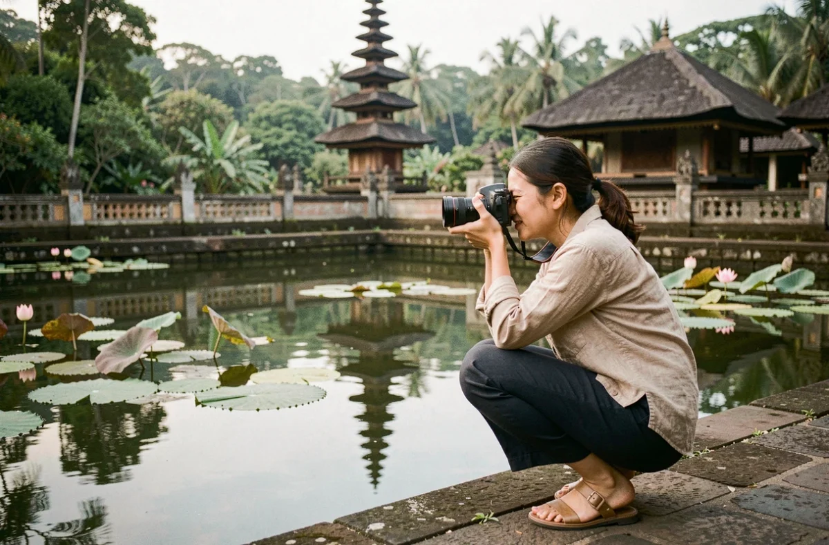 Photographe accroupie au bord du bassin de lotus du temple Taman Ayun, capturant le reflet des tours dans l'eau