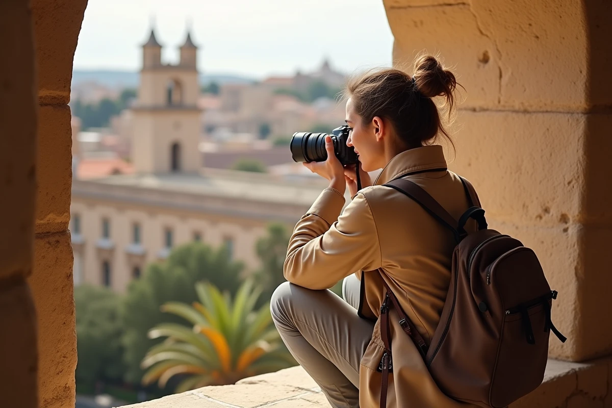 Photographe féminine en train de composer une photo depuis une fenêtre arabe du Palais des Normands à Palerme avec vue sur les toits de la ville