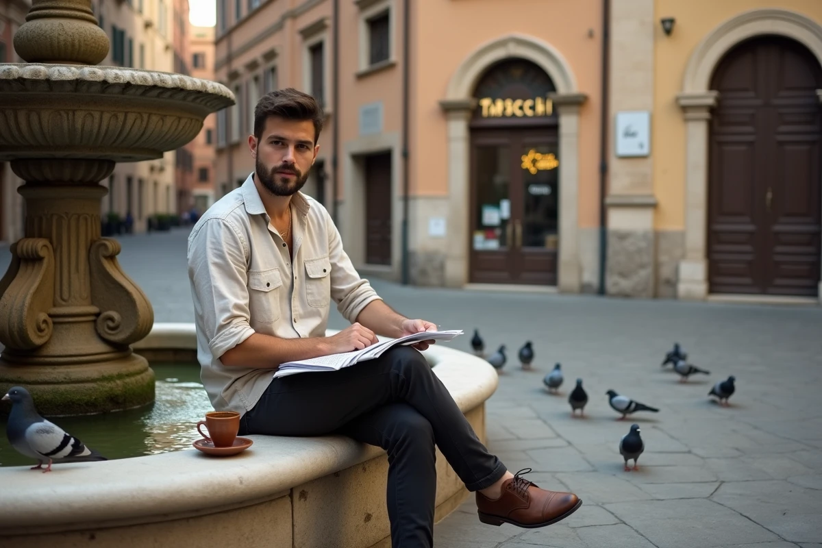 Jeune homme romain se reposant près d'une fontaine baroque dans une place tranquille et authentique de Rome