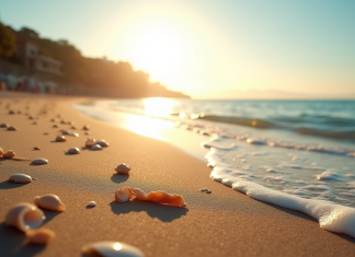 Matin serein à la plage d'Agay avec soleil doré et vagues méditerranéennes